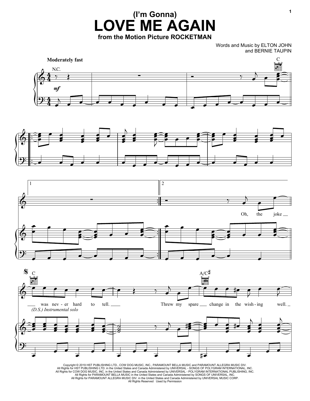 Download Elton John & Taron Egerton (I'm Gonna) Love Me Again (from Rocketman) Sheet Music and learn how to play Piano, Vocal & Guitar Chords (Right-Hand Melody) PDF digital score in minutes