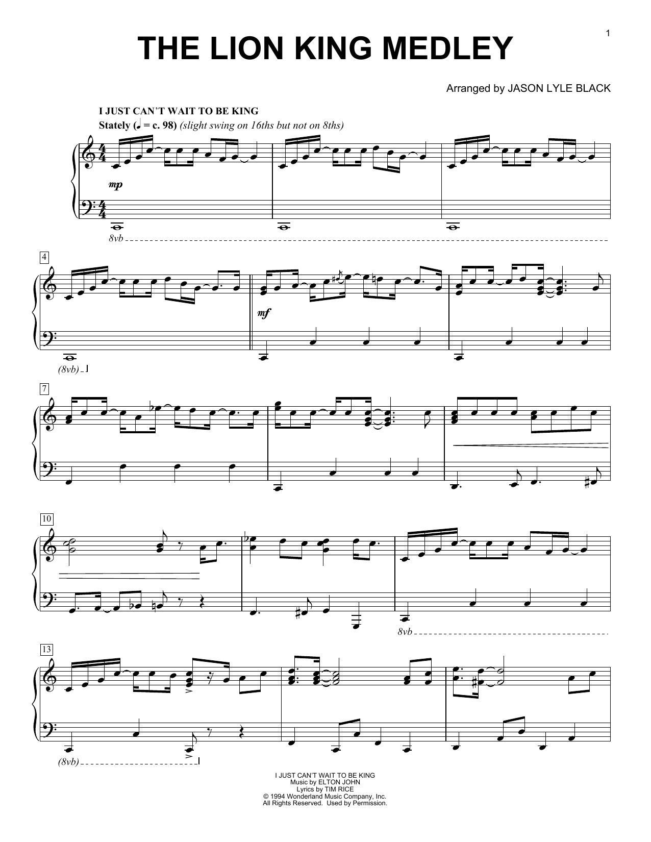 Download Jason Lyle Black Lion King Medley Sheet Music and learn how to play Piano PDF digital score in minutes