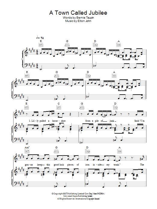 Download Elton John A Town Called Jubilee Sheet Music and learn how to play Piano, Vocal & Guitar (Right-Hand Melody) PDF digital score in minutes