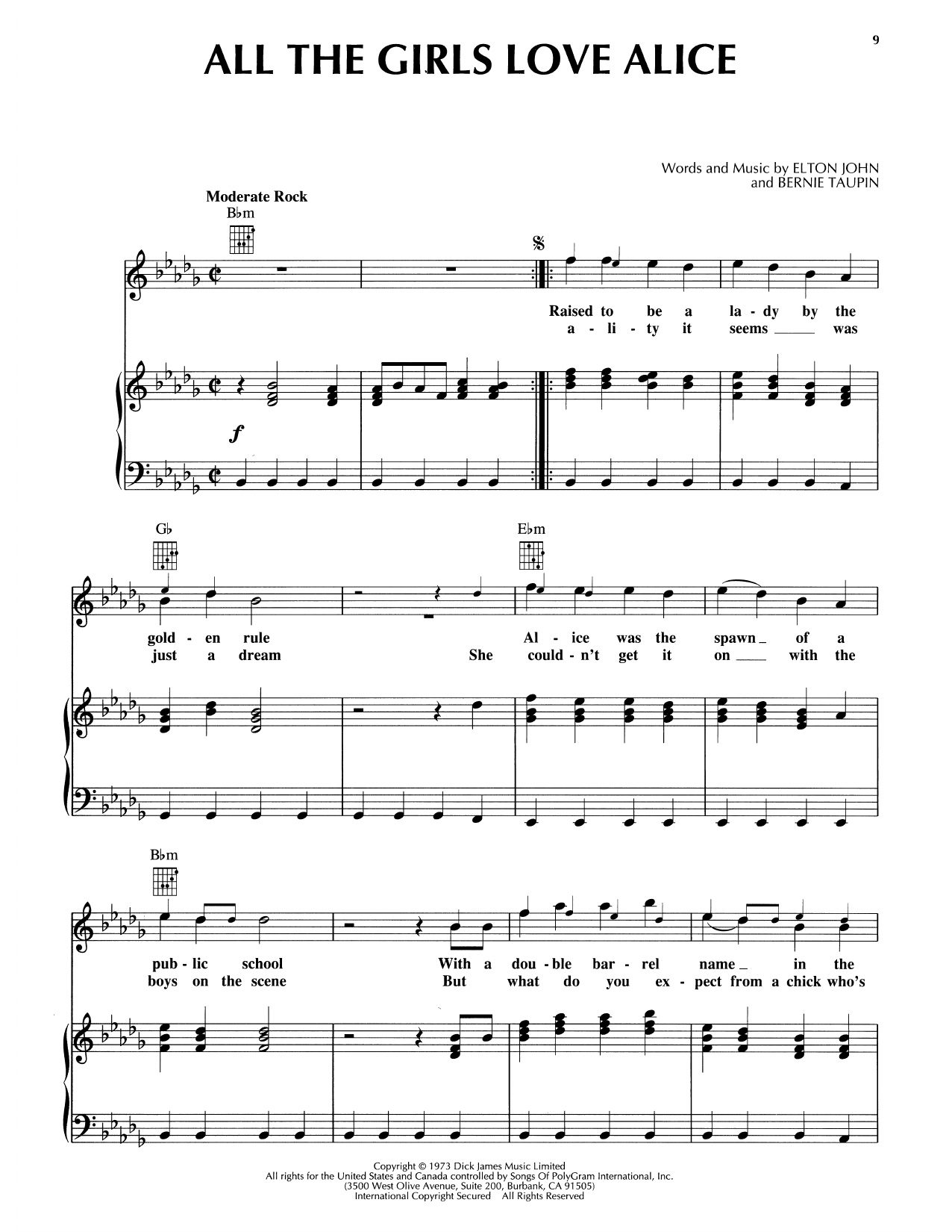 Download Elton John All The Girls Love Alice Sheet Music and learn how to play Piano, Vocal & Guitar Chords (Right-Hand Melody) PDF digital score in minutes