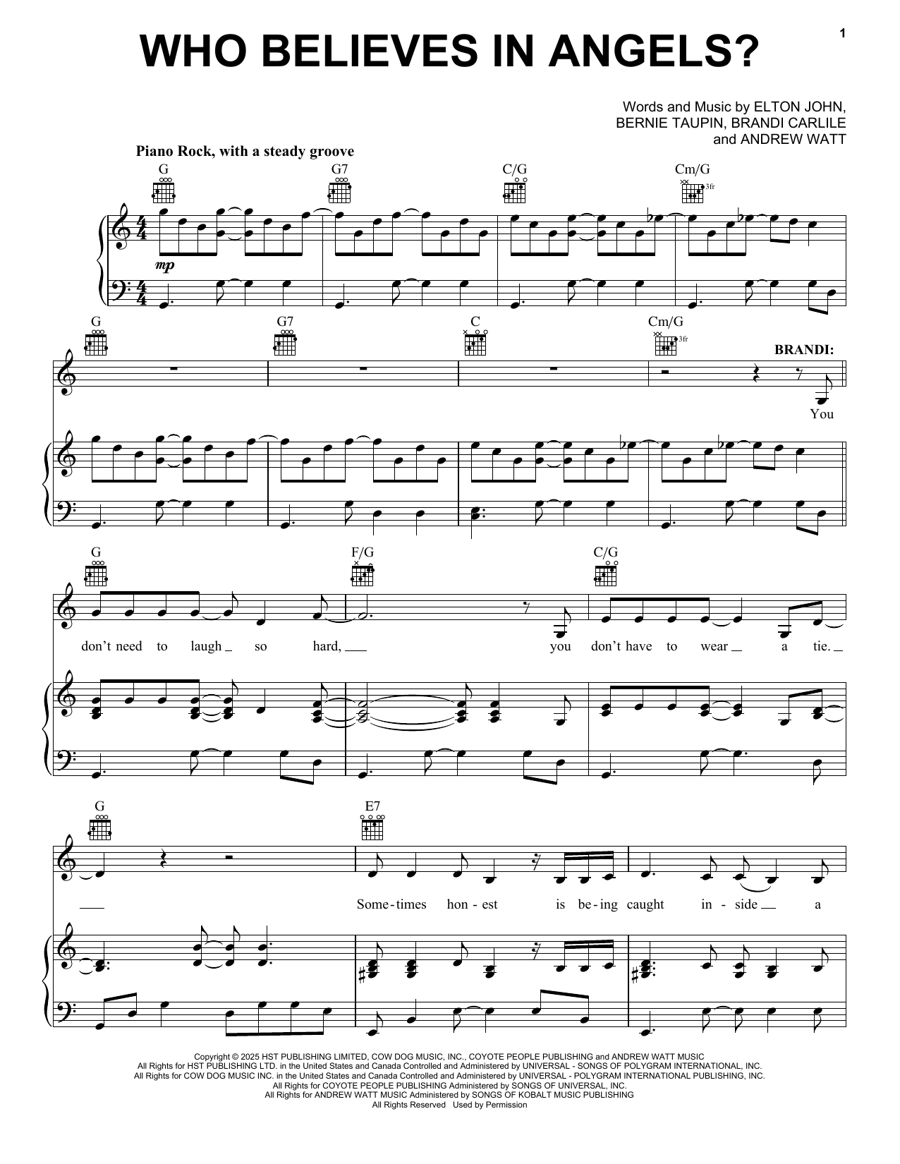 Download Elton John and Brandi Carlile Who Believes In Angels? Sheet Music and learn how to play Piano, Vocal & Guitar Chords (Right-Hand Melody) PDF digital score in minutes