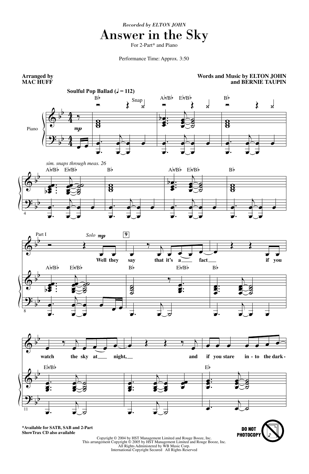 Download Elton John Answer In The Sky (arr. Mac Huff) Sheet Music and learn how to play 2-Part Choir PDF digital score in minutes