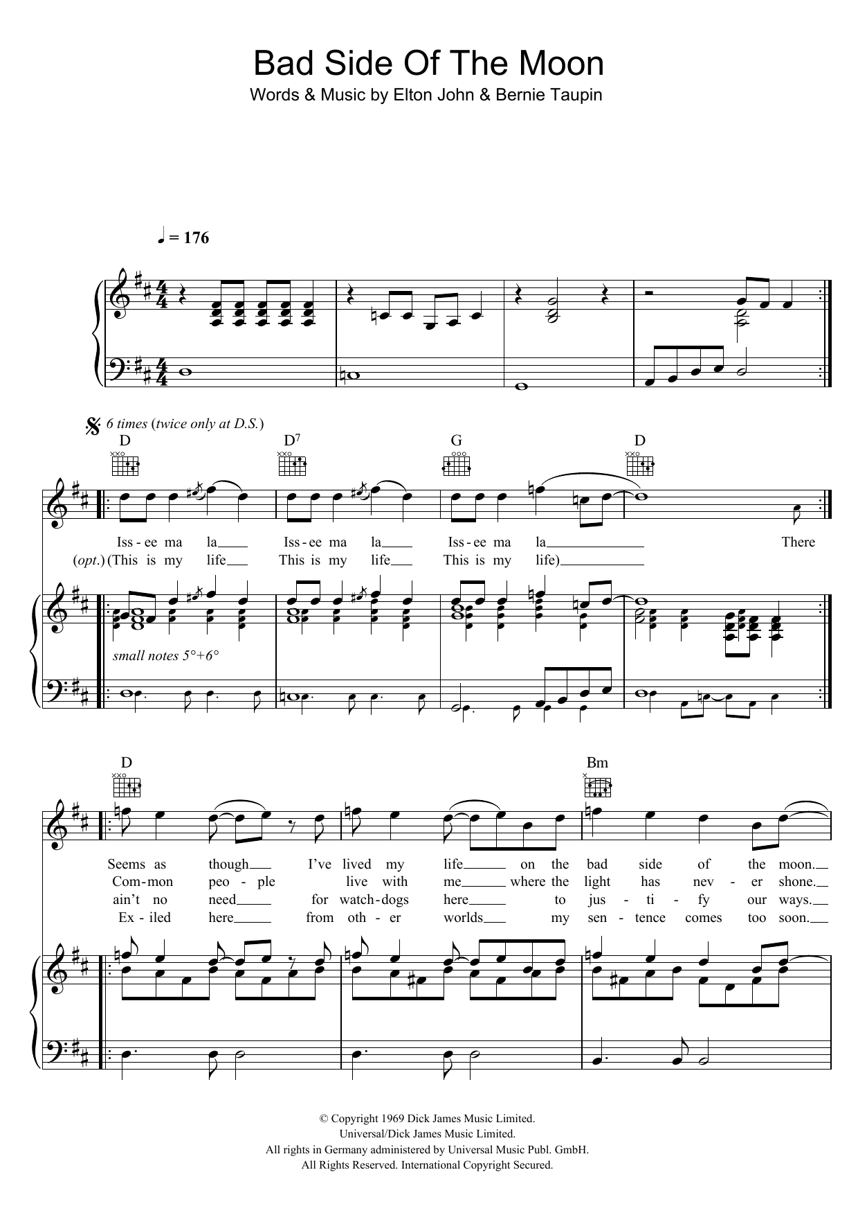 Download Elton John Bad Side Of The Moon Sheet Music and learn how to play Lyrics & Chords PDF digital score in minutes