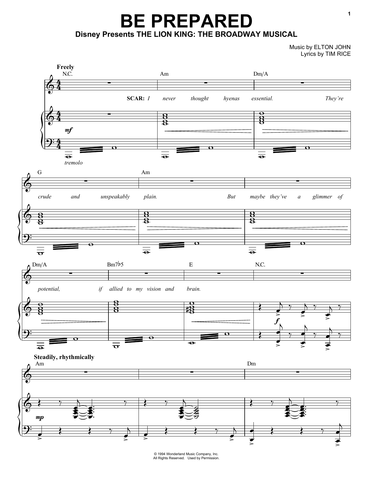 Download Elton John Be Prepared Sheet Music and learn how to play Piano, Vocal & Guitar (Right-Hand Melody) PDF digital score in minutes