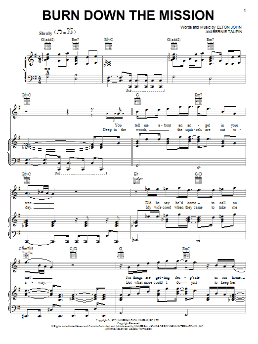 Download Elton John Burn Down The Mission Sheet Music and learn how to play Piano, Vocal & Guitar (Right-Hand Melody) PDF digital score in minutes