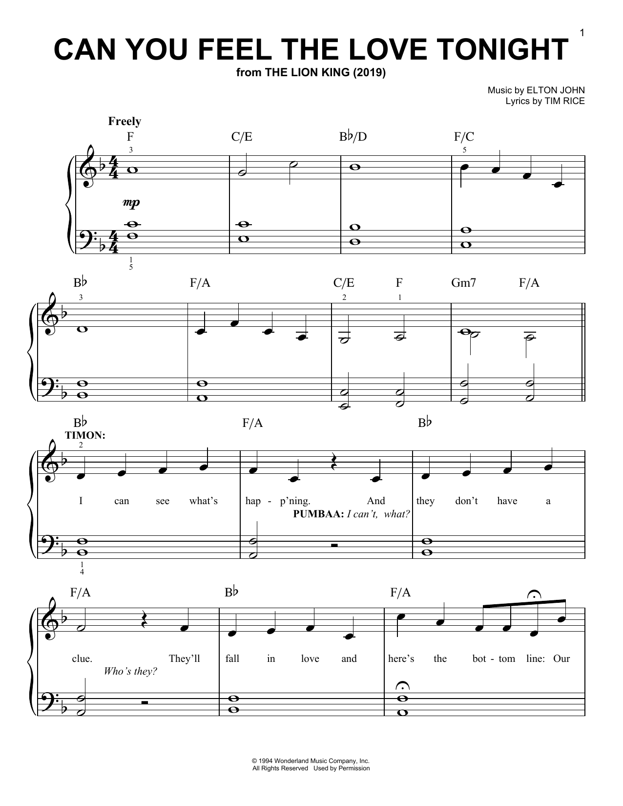 Download Elton John Can You Feel The Love Tonight (from The Lion King 2019) Sheet Music and learn how to play Big Note Piano PDF digital score in minutes