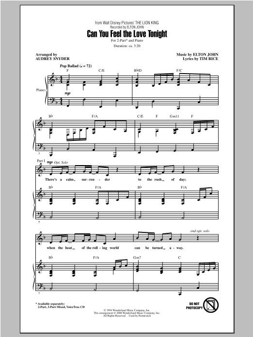 Download Audrey Snyder Can You Feel The Love Tonight Sheet Music and learn how to play 2-Part Choir PDF digital score in minutes