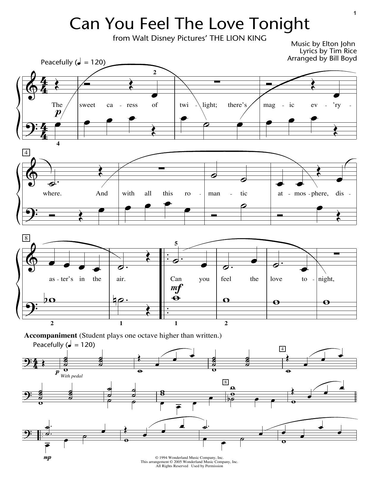 Download Bill Boyd Can You Feel The Love Tonight Sheet Music and learn how to play Educational Piano PDF digital score in minutes