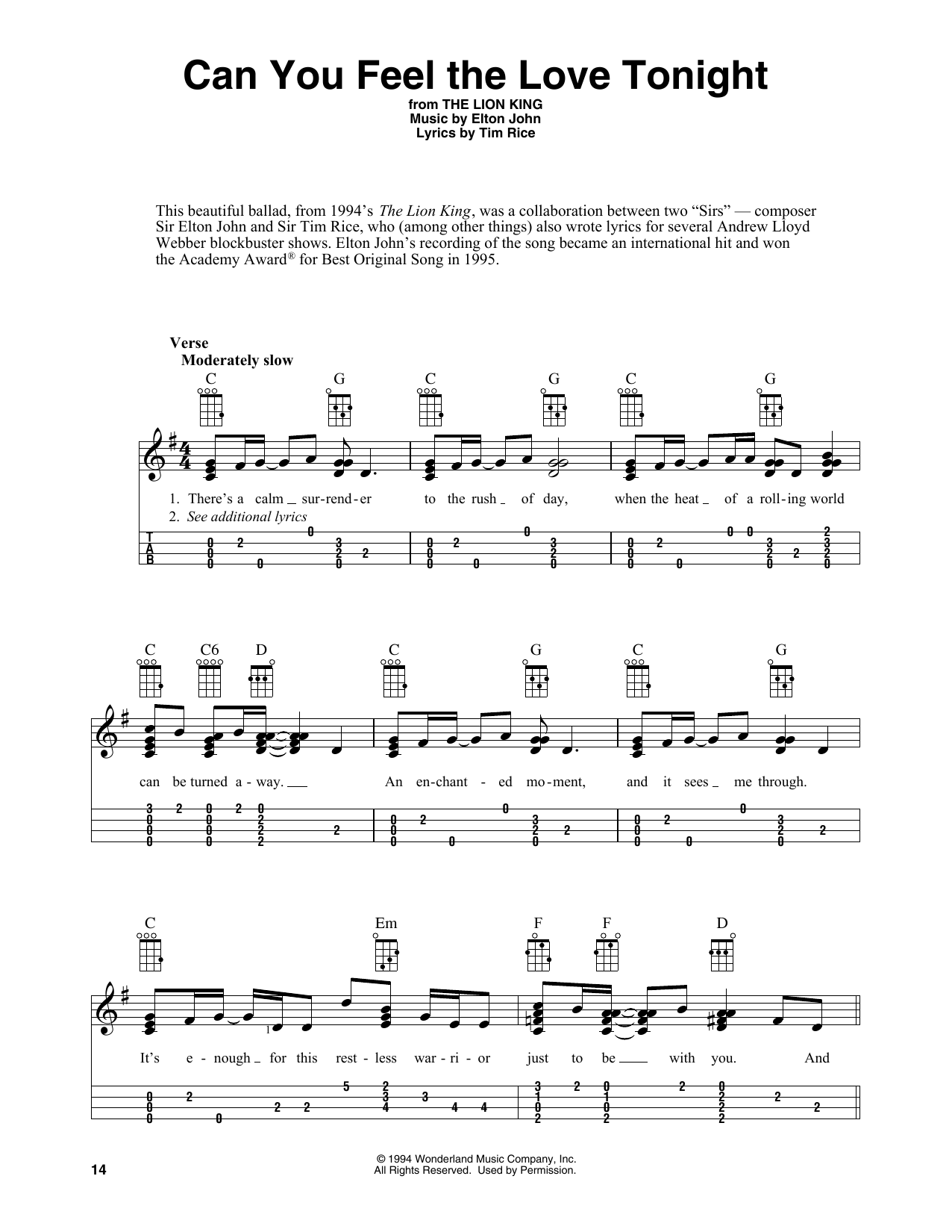 Download Elton John Can You Feel The Love Tonight (from The Lion King) (arr. Fred Sokolow) Sheet Music and learn how to play Easy Ukulele Tab PDF digital score in minutes