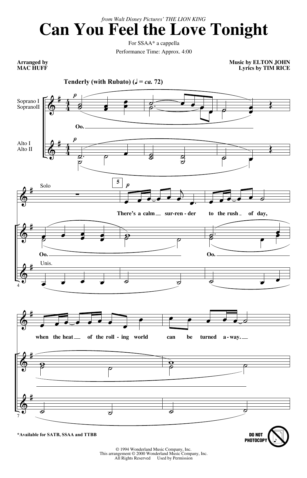 Download Elton John Can You Feel the Love Tonight (from The Lion King) (arr. Mac Huff) Sheet Music and learn how to play SATB Choir PDF digital score in minutes