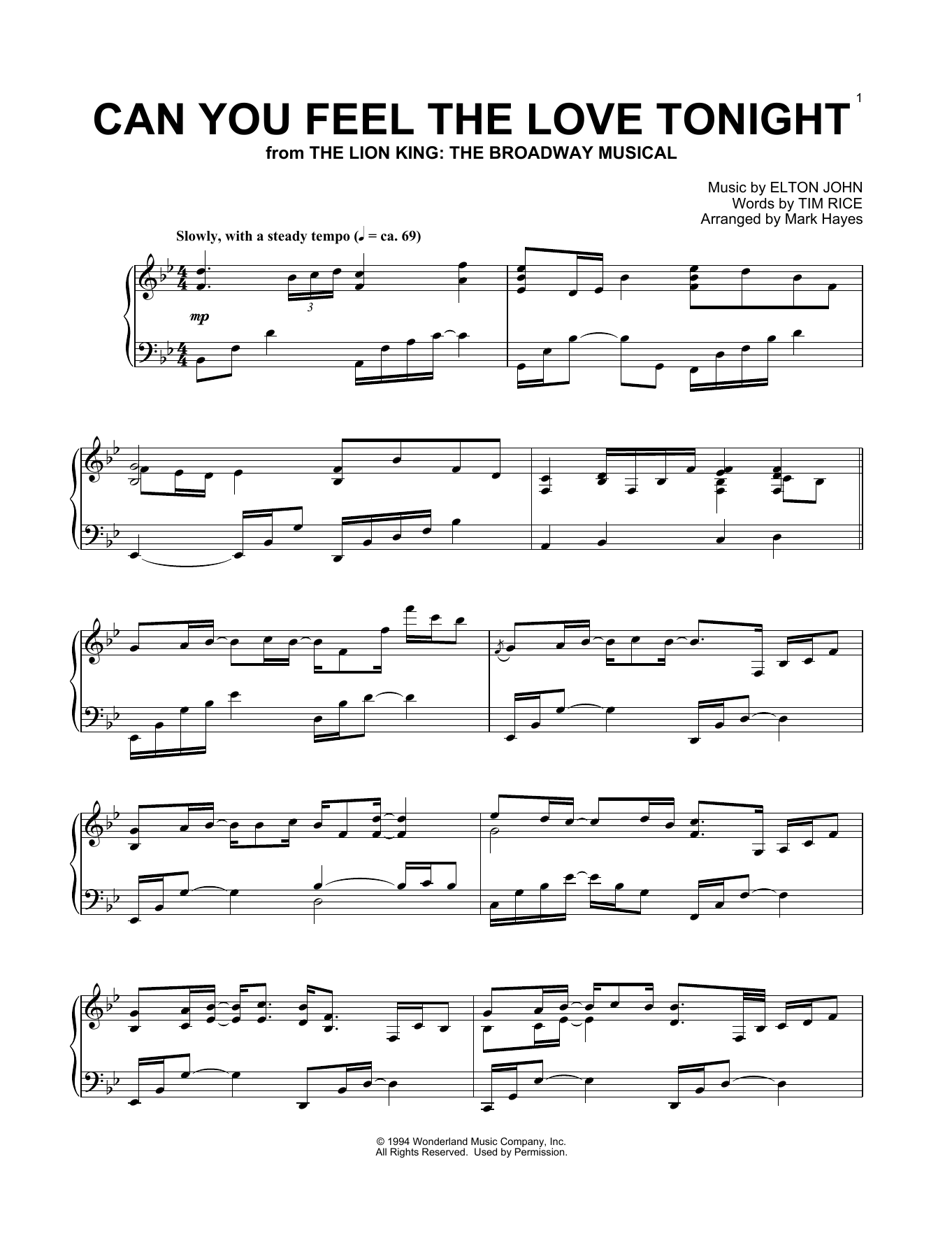 Download Elton John Can You Feel The Love Tonight (from The Lion King) (arr. Mark Hayes) Sheet Music and learn how to play Piano Solo PDF digital score in minutes