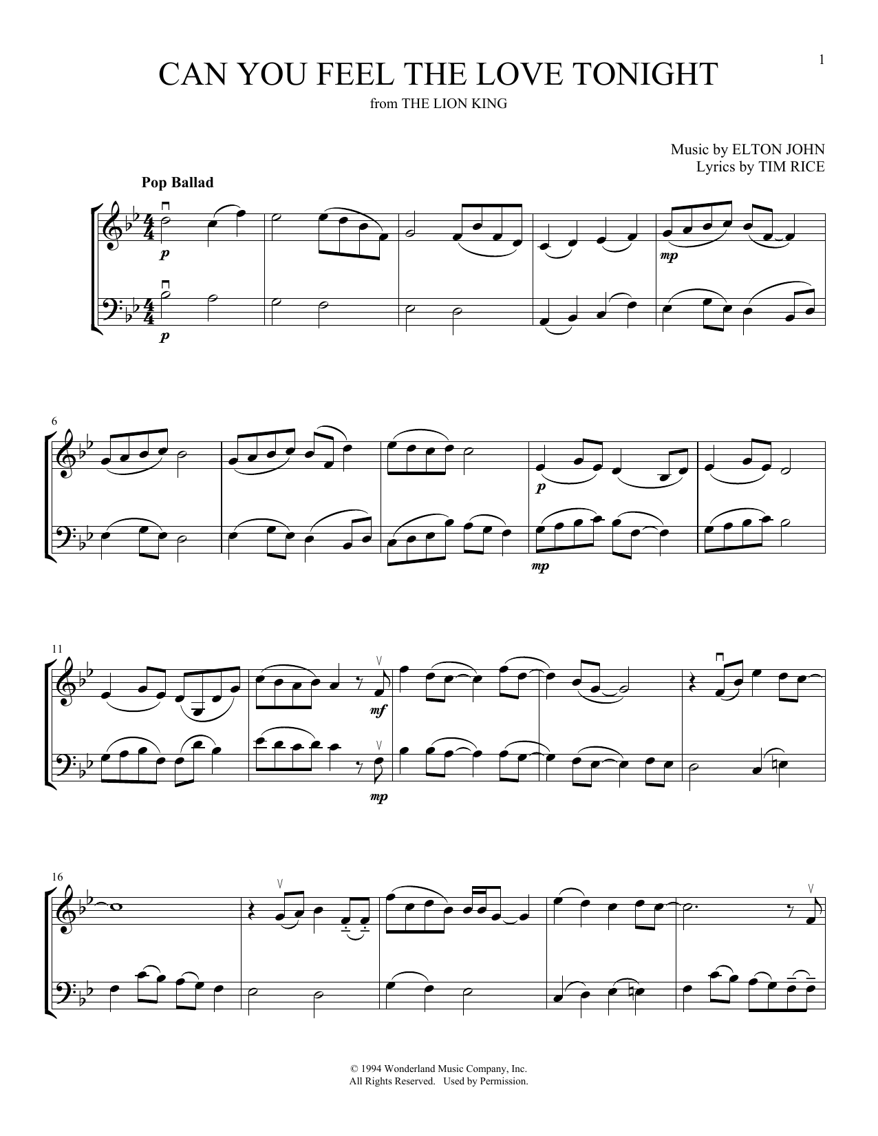 Download Elton John Can You Feel The Love Tonight (from The Lion King) (arr. Michelle Hynson) Sheet Music and learn how to play Instrumental Duet PDF digital score in minutes