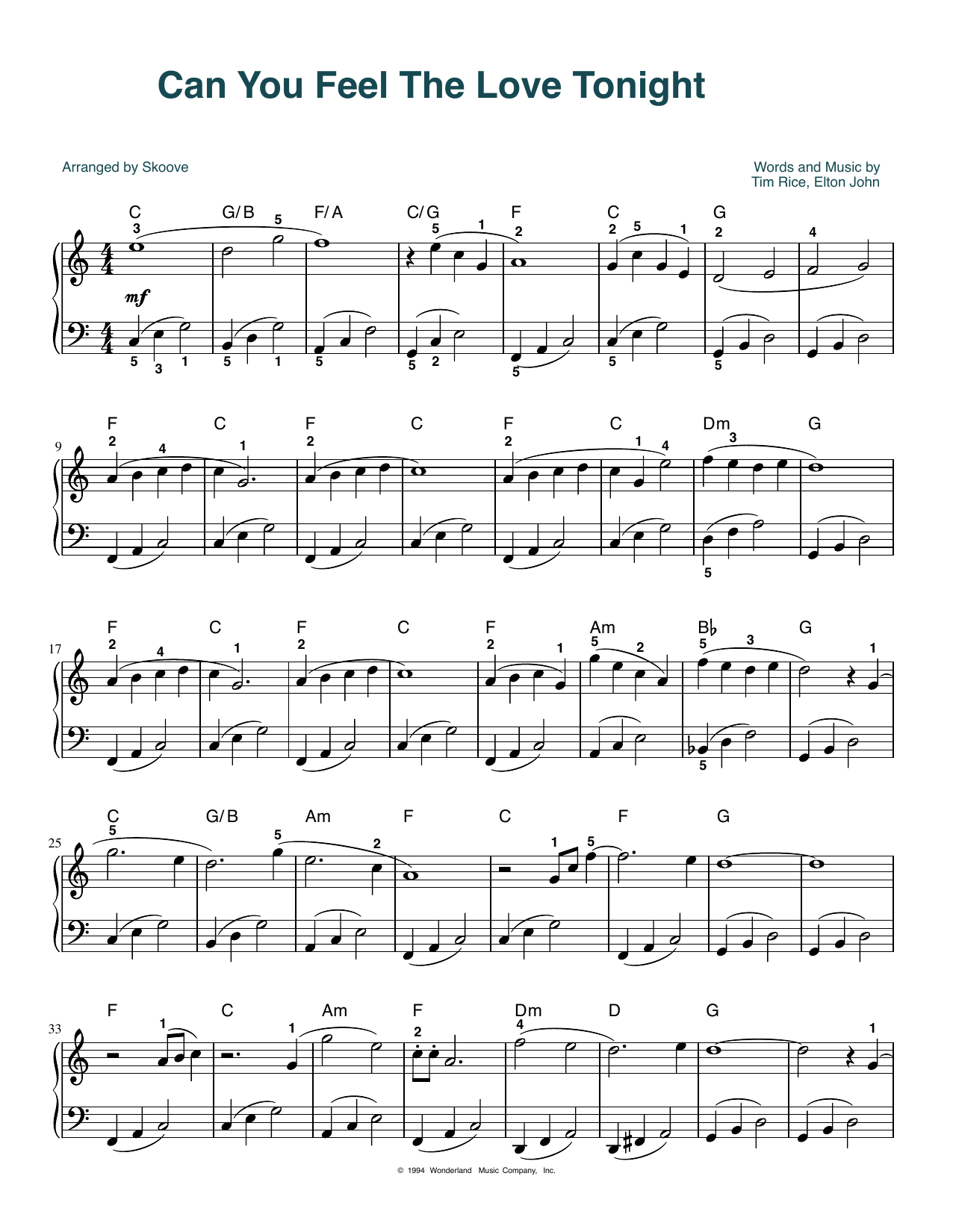 Download Elton John Can You Feel The Love Tonight (from The Lion King) (arr. Skoove) Sheet Music and learn how to play Easy Piano PDF digital score in minutes