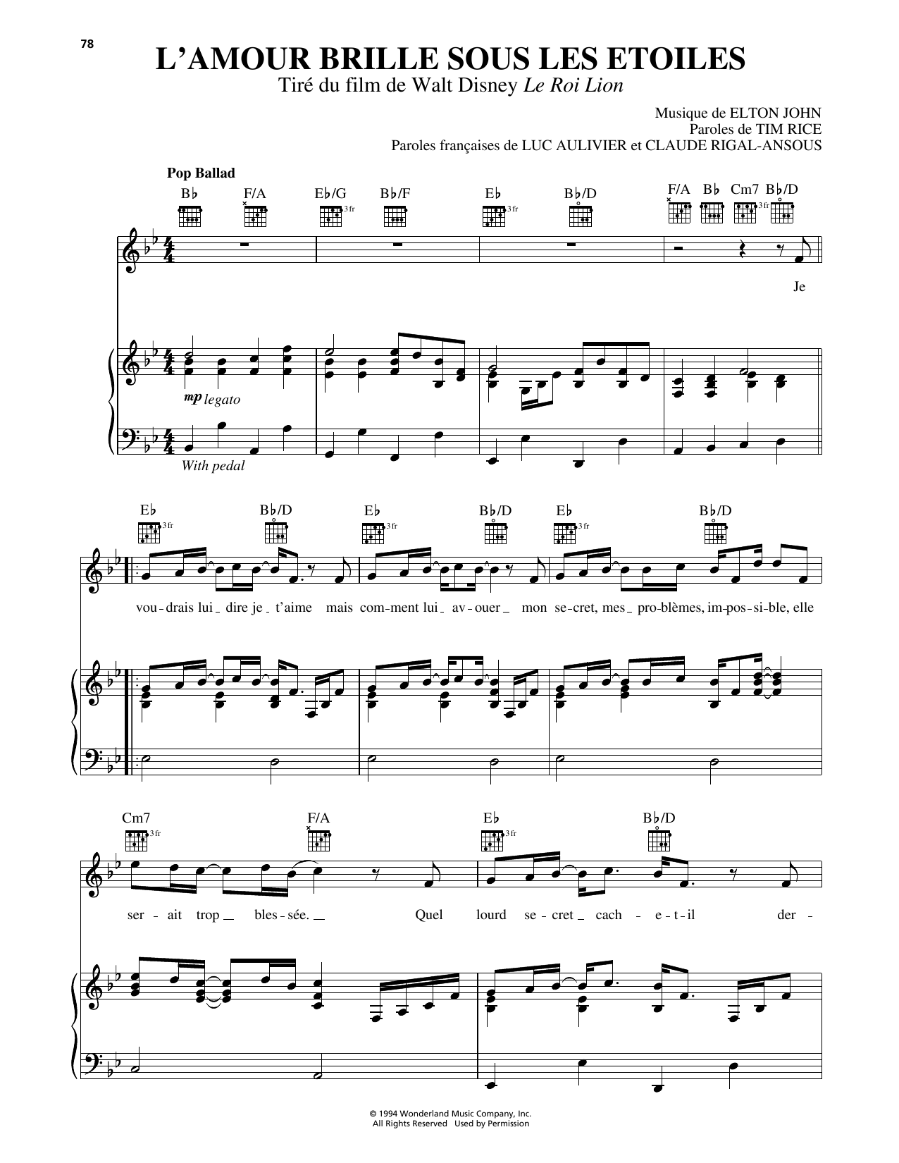 Download Elton John Can You Feel The Love Tonight (from The Lion King) [French version] Sheet Music and learn how to play Piano, Vocal & Guitar Chords (Right-Hand Melody) PDF digital score in minutes