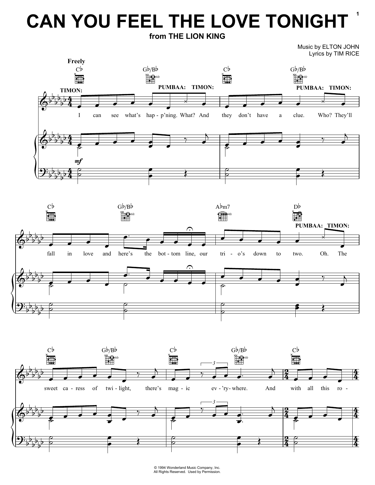 Download Elton John Can You Feel The Love Tonight (from The Lion King: Broadway Musical) Sheet Music and learn how to play Easy Piano PDF digital score in minutes