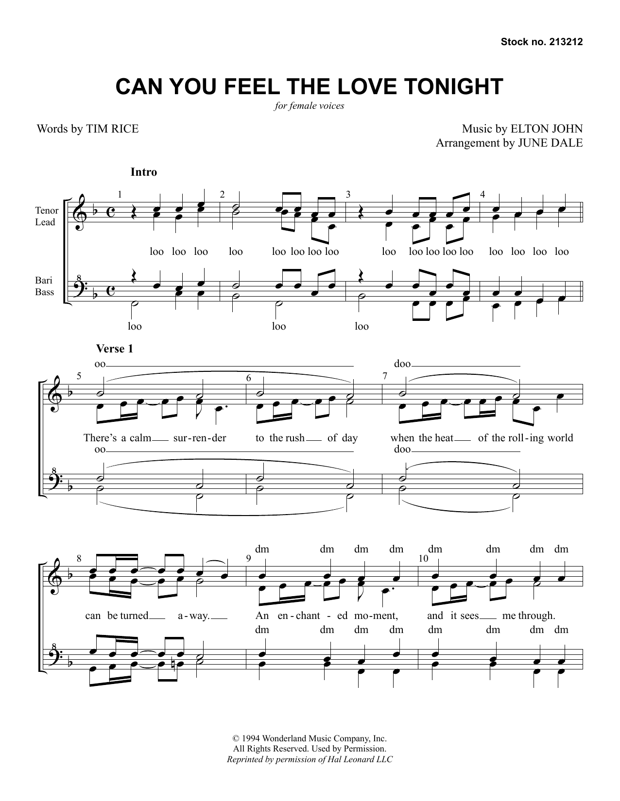 Download Elton John Can You Feel The Love Tonight? (from The Lion King) (arr. June Dale) Sheet Music and learn how to play SSA Choir PDF digital score in minutes