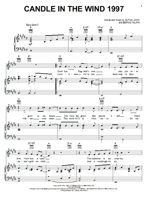 Download Elton John Candle In The Wind 1997 Sheet Music and learn how to play Voice PDF digital score in minutes