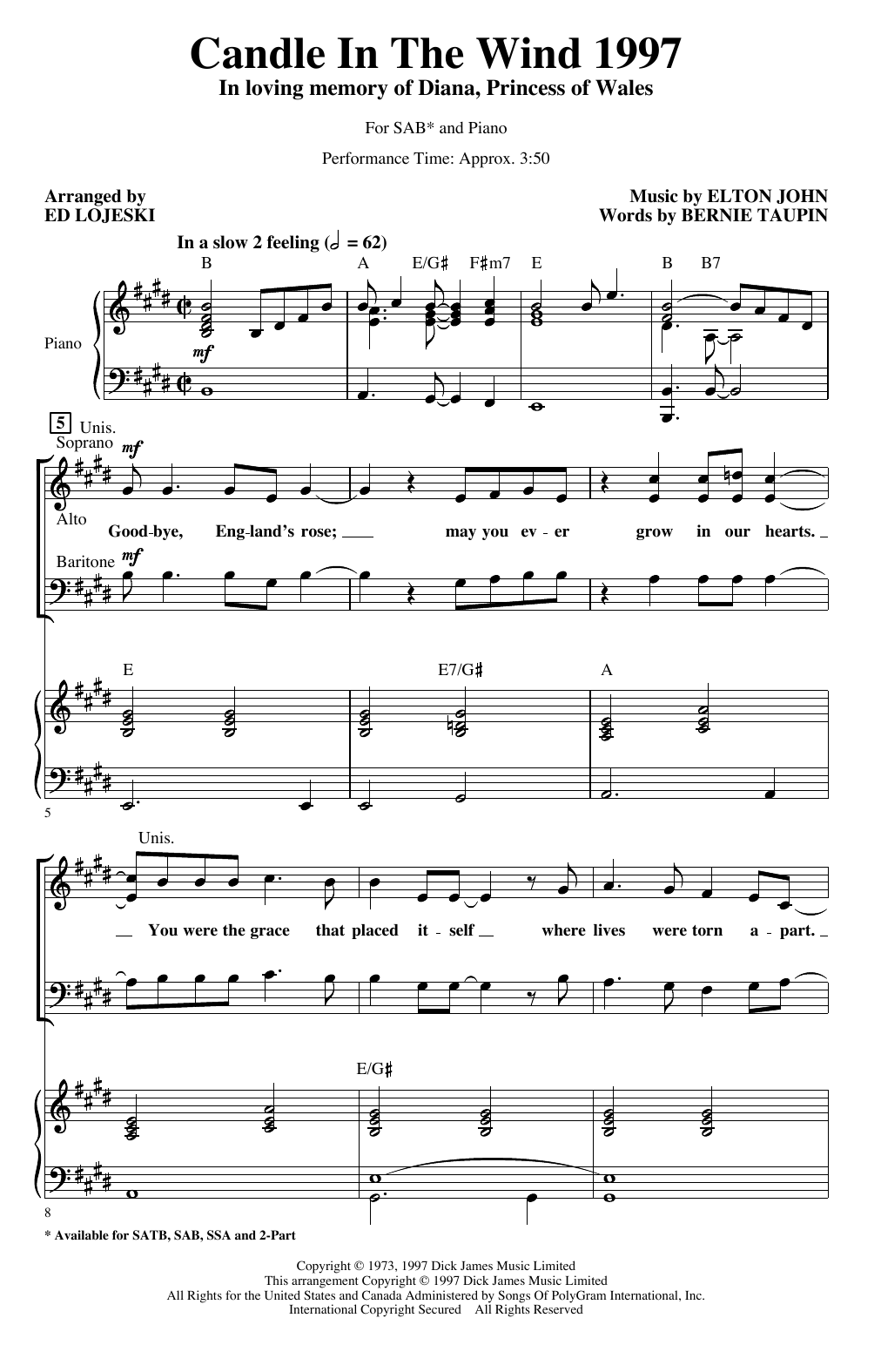Download Elton John Candle In The Wind (arr. Ed Lojeski) Sheet Music and learn how to play 2-Part Choir PDF digital score in minutes