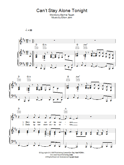 Download Elton John Can't Stay Alone Tonight Sheet Music and learn how to play Piano, Vocal & Guitar (Right-Hand Melody) PDF digital score in minutes