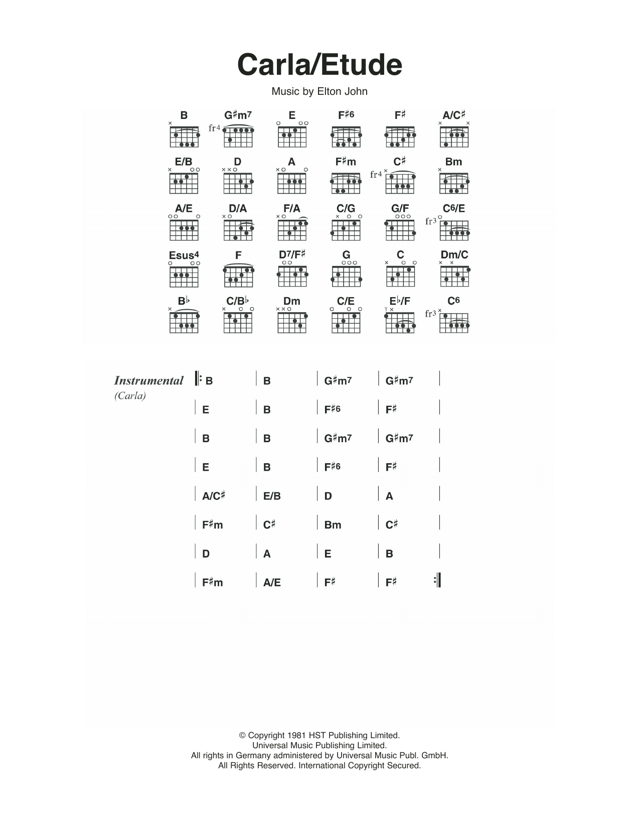 Download Elton John Carla/Etude Sheet Music and learn how to play Lyrics & Chords PDF digital score in minutes