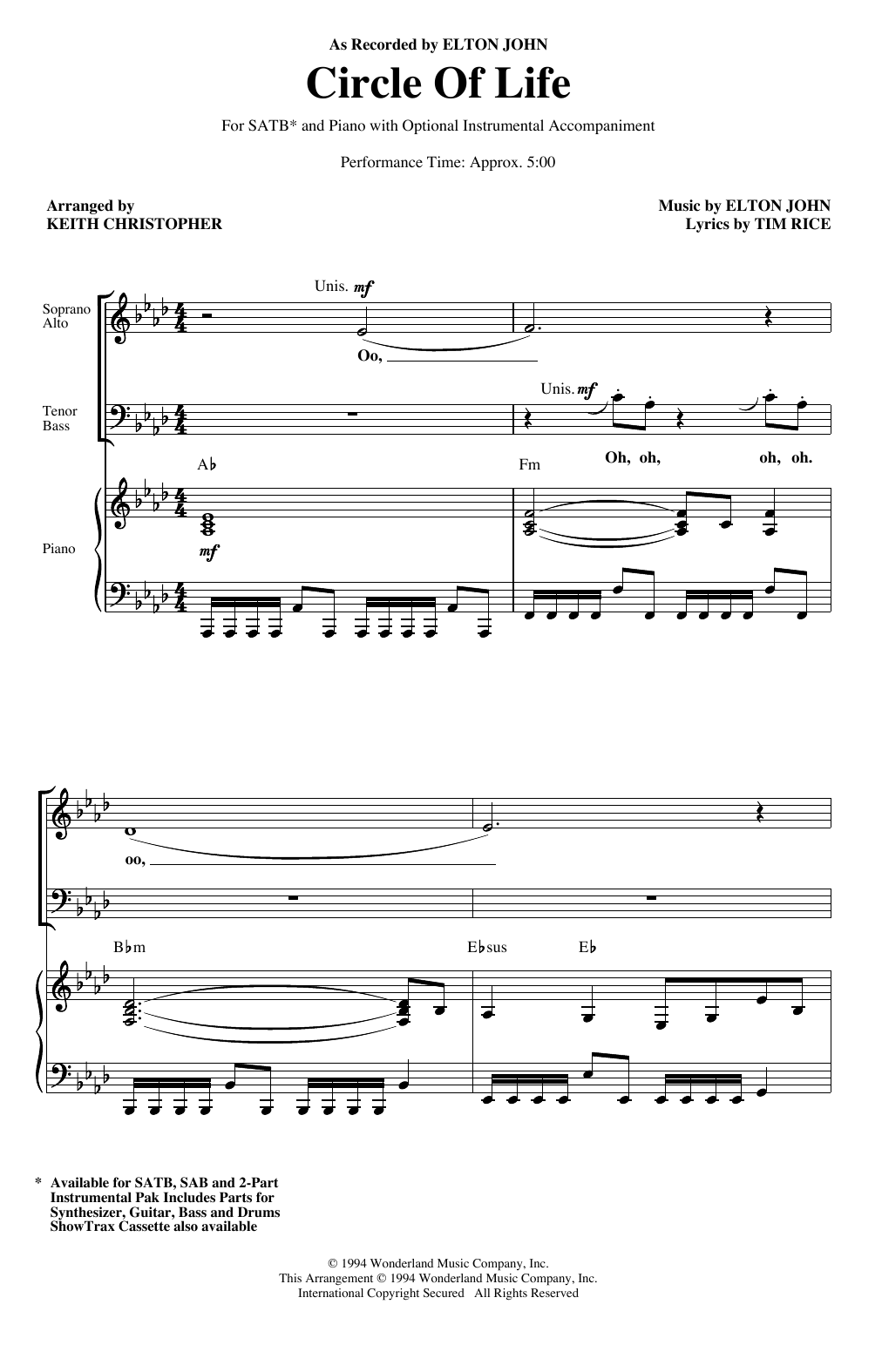 Download Elton John Circle Of Life (from The Lion King) (arr. Keith Christopher) Sheet Music and learn how to play SAB Choir PDF digital score in minutes