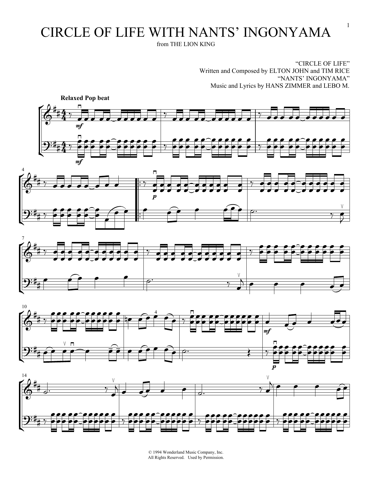 Download Elton John Circle Of Life (from The Lion King) (arr. Michelle Hynson) Sheet Music and learn how to play Instrumental Duet PDF digital score in minutes