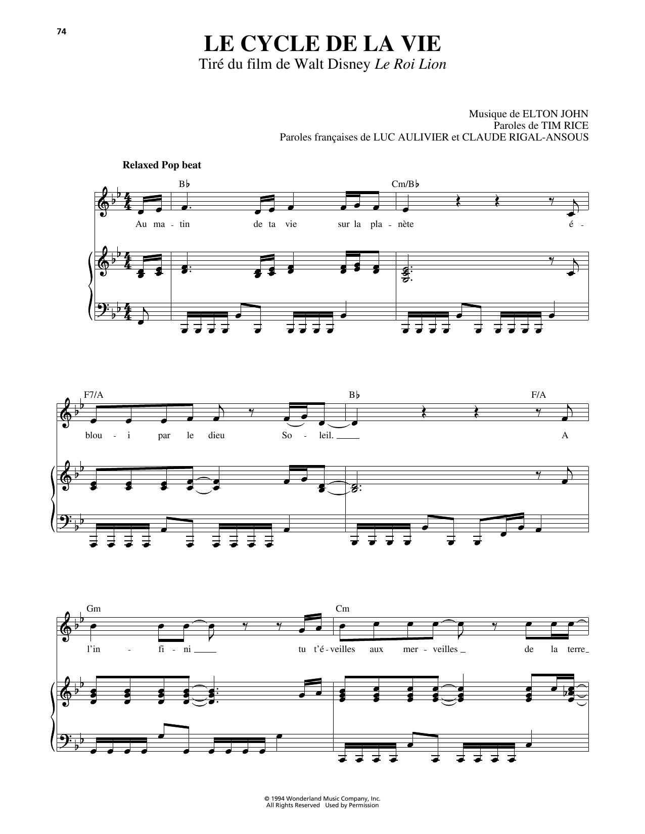 Download Elton John Circle Of Life (from The Lion King) [French version] Sheet Music and learn how to play Piano, Vocal & Guitar Chords (Right-Hand Melody) PDF digital score in minutes