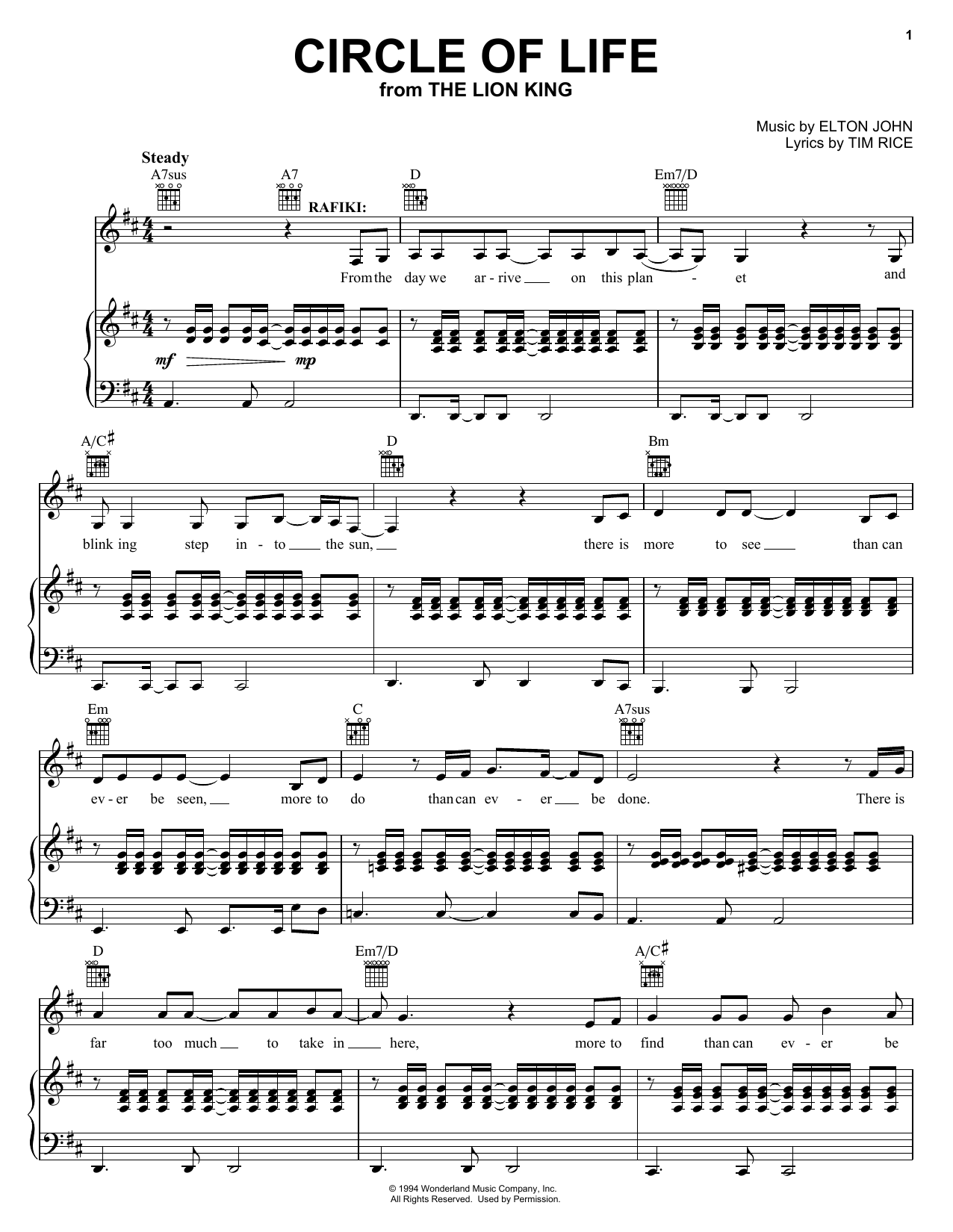 Download Elton John Circle Of Life Sheet Music and learn how to play Piano, Vocal & Guitar (Right-Hand Melody) PDF digital score in minutes