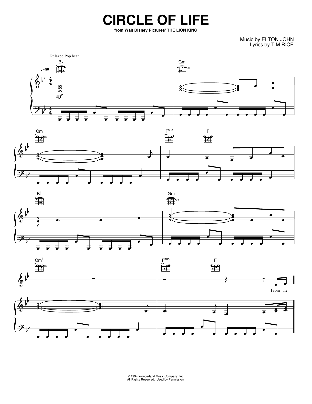 Download Elton John Circle of Life Sheet Music and learn how to play Piano, Vocal & Guitar Chords (Right-Hand Melody) PDF digital score in minutes