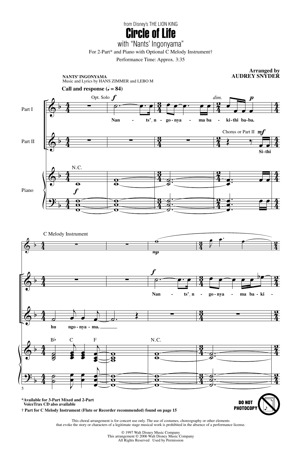 Download Elton John Circle Of Life (with Nants' Ingonyama) (from The Lion King) (Arr. Audrey Snyder) Sheet Music and learn how to play 2-Part Choir PDF digital score in minutes