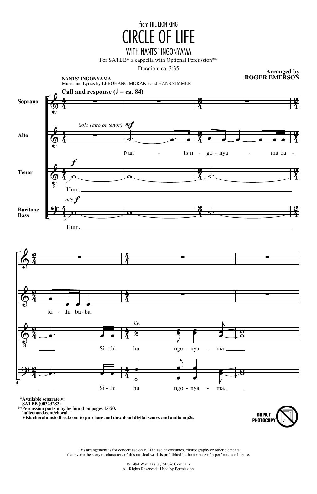 Download Elton John Circle Of Life (with Nants' Ingonyama) (from The Lion King) (arr. Roger Emerson) Sheet Music and learn how to play SATB Choir PDF digital score in minutes