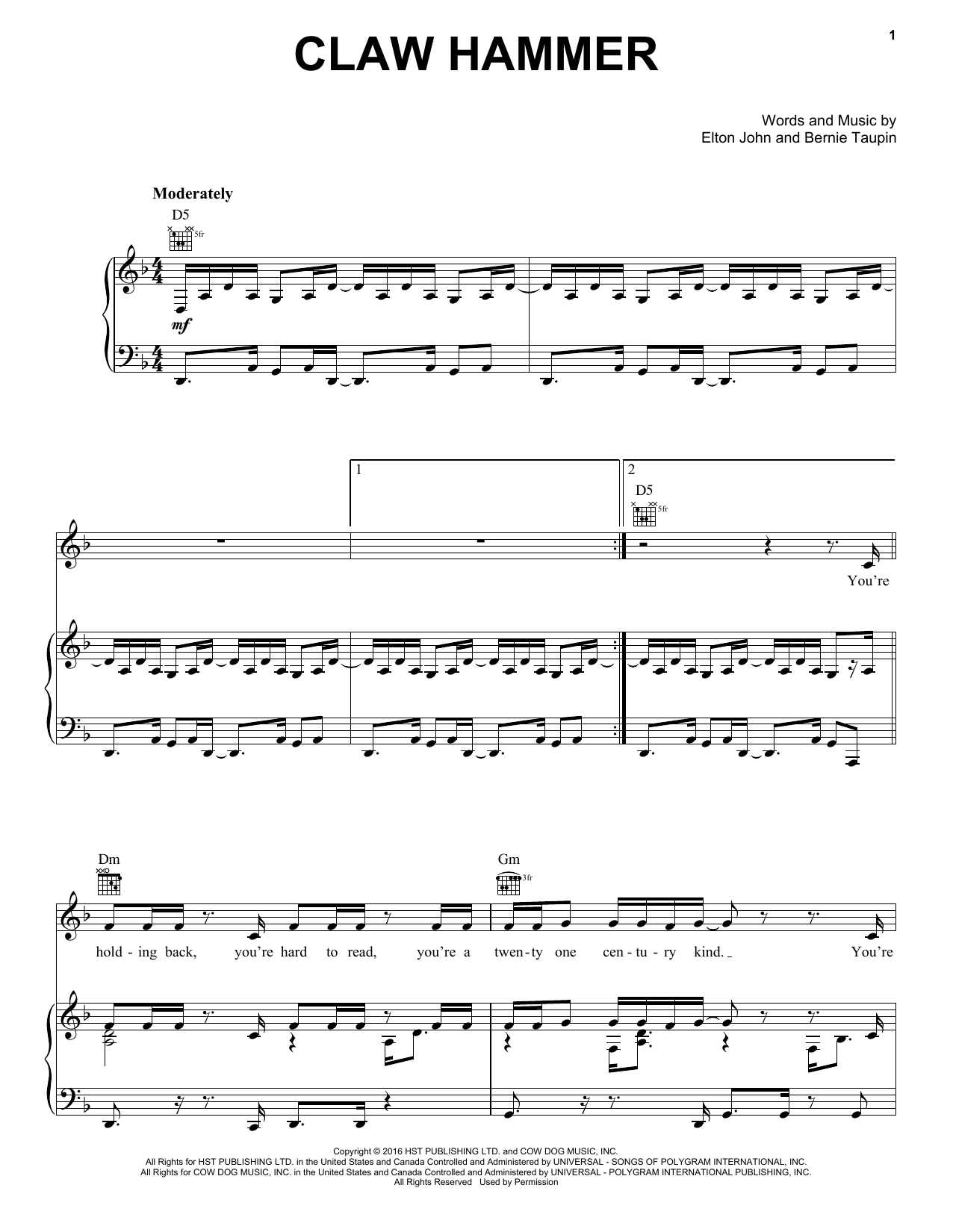 Download Elton John Claw Hammer Sheet Music and learn how to play Piano, Vocal & Guitar Chords (Right-Hand Melody) PDF digital score in minutes