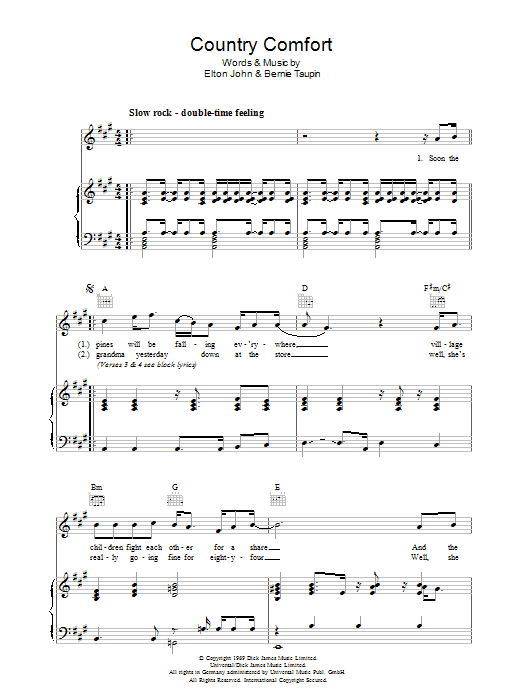Download Elton John Country Comfort Sheet Music and learn how to play Piano, Vocal & Guitar PDF digital score in minutes