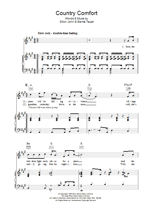 Download Elton John Country Comfort Sheet Music and learn how to play Lyrics & Chords PDF digital score in minutes