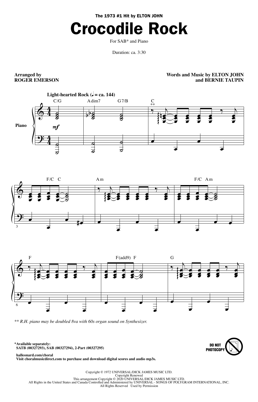 Download Elton John Crocodile Rock (arr. Roger Emerson) Sheet Music and learn how to play 2-Part Choir PDF digital score in minutes