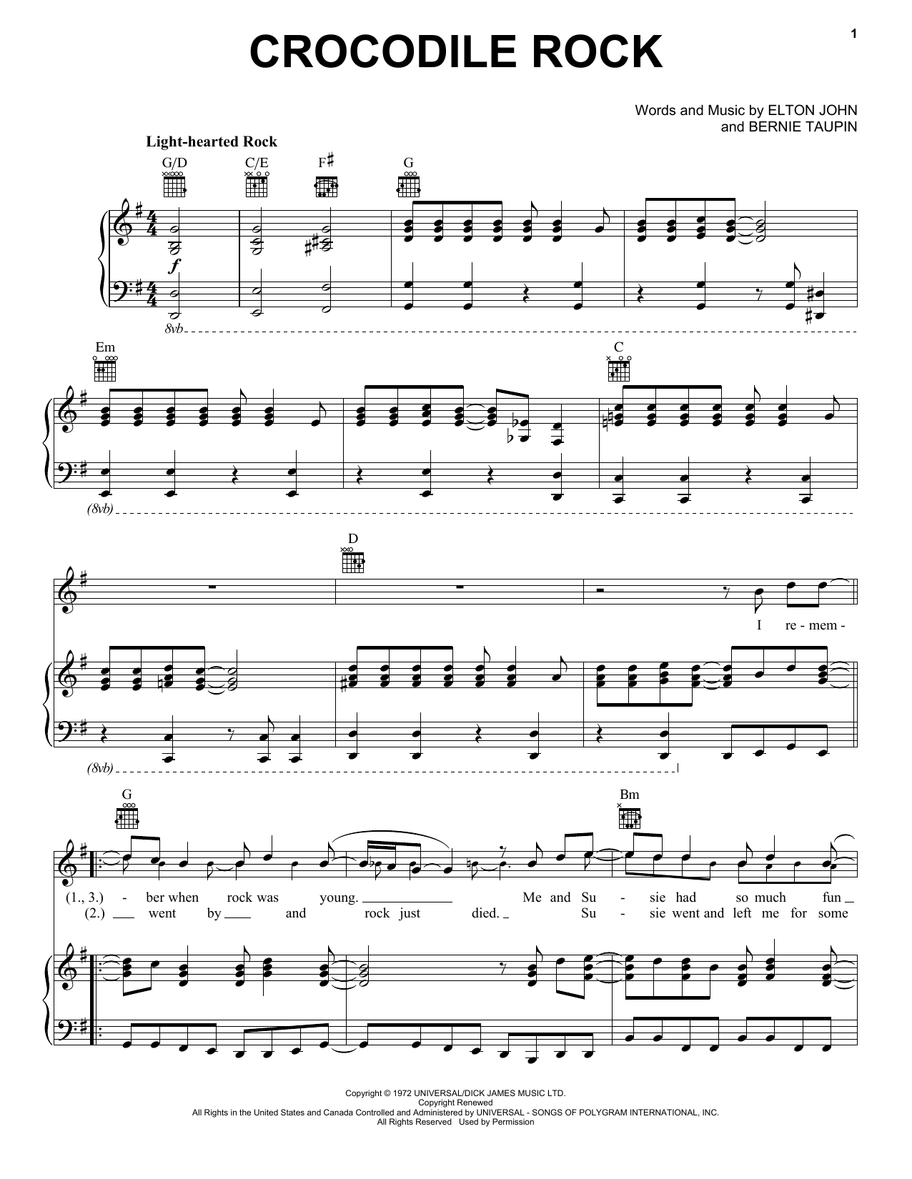 Download Elton John Crocodile Rock Sheet Music and learn how to play Ukulele with strumming patterns PDF digital score in minutes
