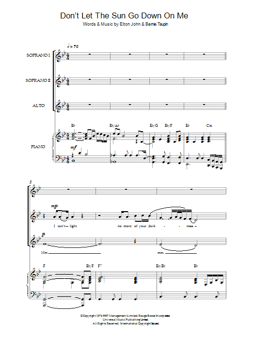 Download Elton John Don't Let The Sun Go Down On Me Sheet Music and learn how to play SSA PDF digital score in minutes