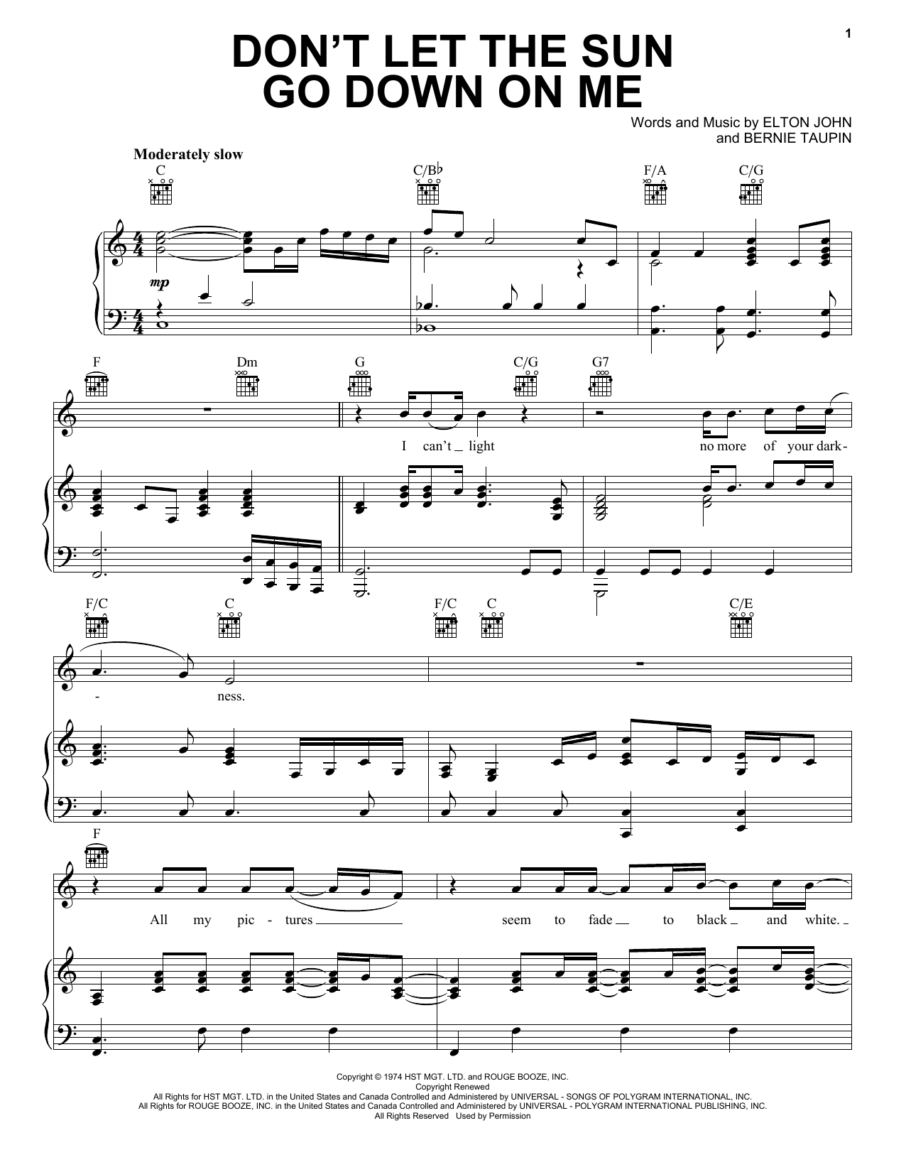 Download Elton John Don't Let The Sun Go Down On Me Sheet Music and learn how to play Piano, Vocal & Guitar PDF digital score in minutes