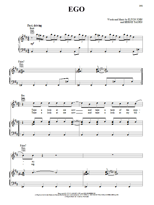 Download Elton John Ego Sheet Music and learn how to play Piano, Vocal & Guitar (Right-Hand Melody) PDF digital score in minutes
