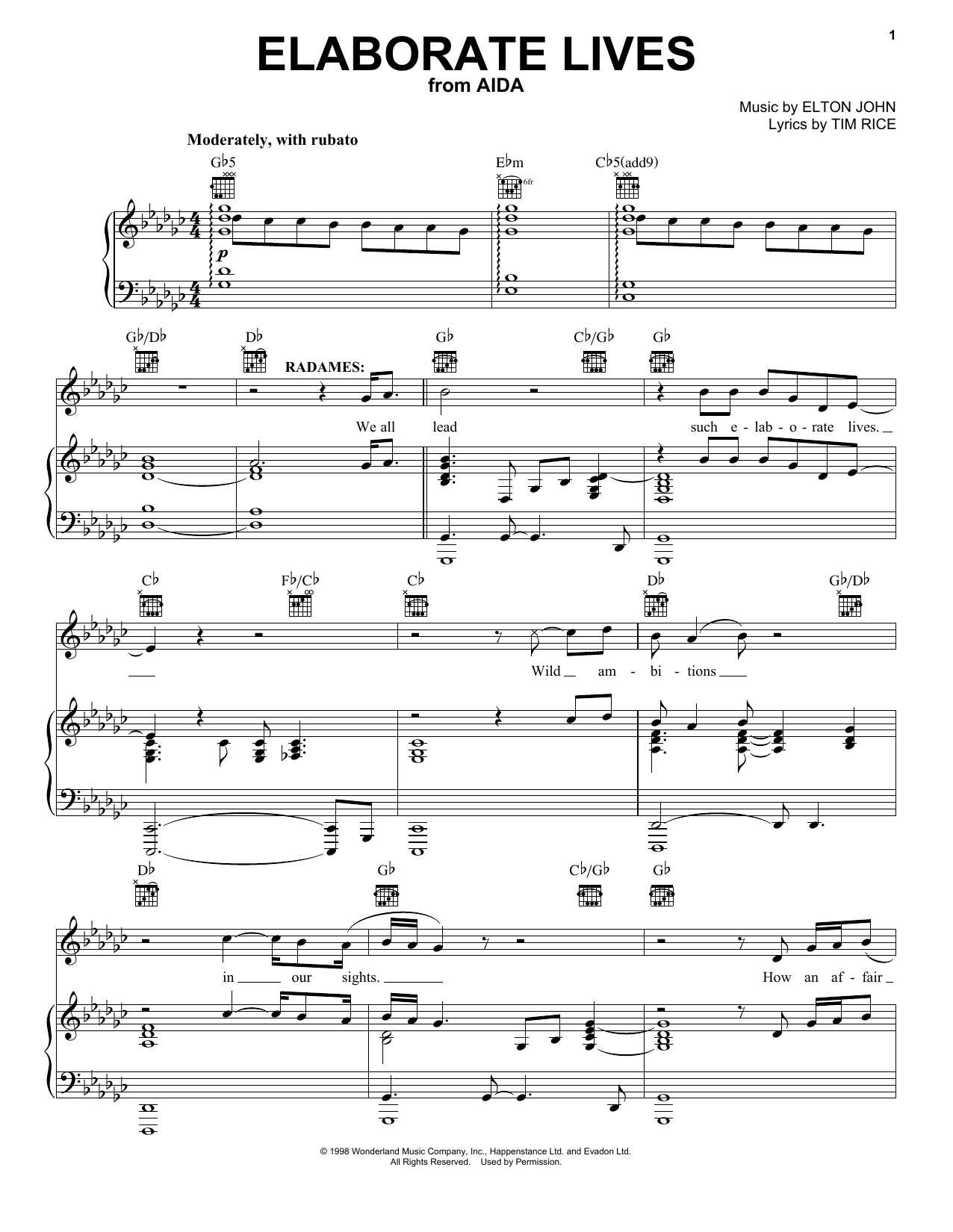 Download Elton John Elaborate Lives Sheet Music and learn how to play Melody Line, Lyrics & Chords PDF digital score in minutes