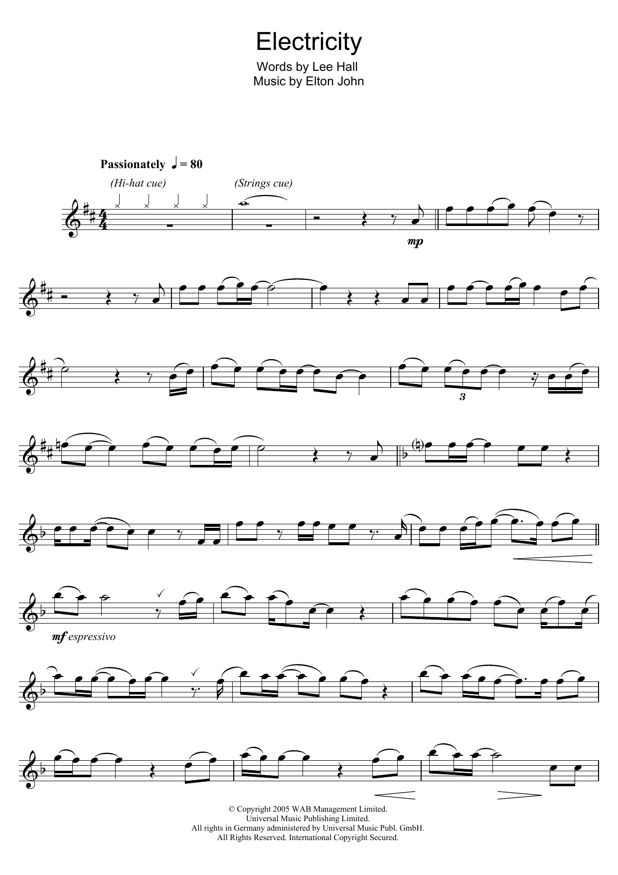 Download Elton John Electricity (from Billy Elliot: The Musical) Sheet Music and learn how to play Really Easy Piano PDF digital score in minutes