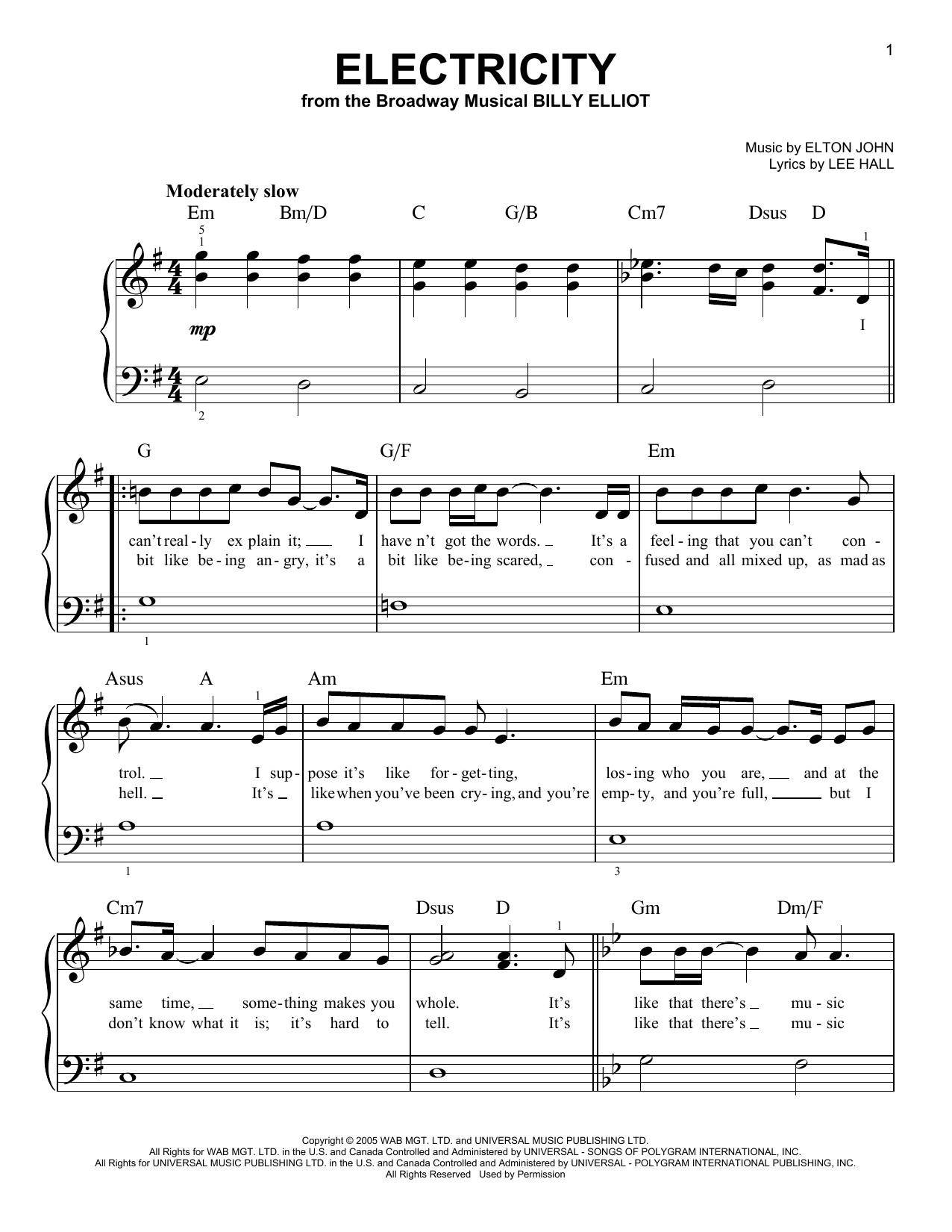 Download Elton John Electricity (from the musical Billy Elliot) Sheet Music and learn how to play Very Easy Piano PDF digital score in minutes