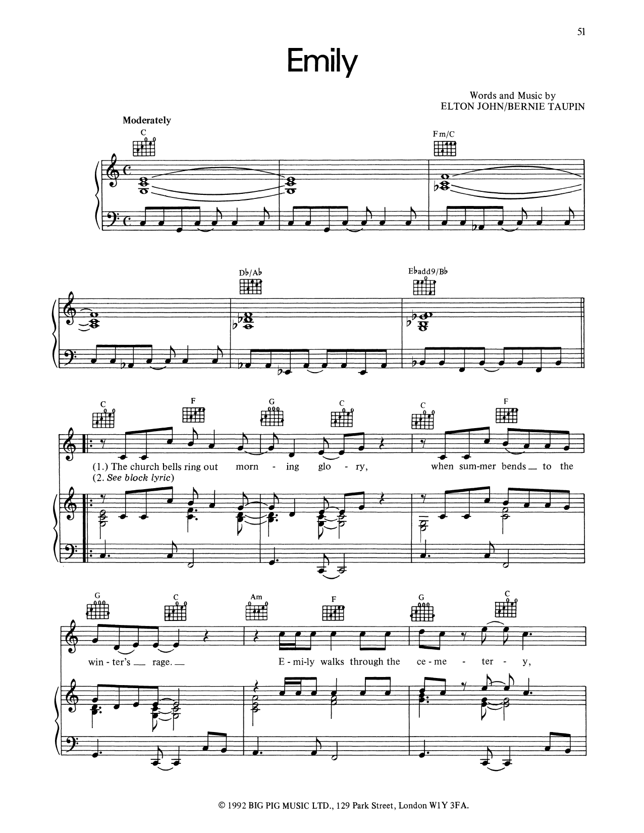 Download Elton John Emily Sheet Music and learn how to play Piano, Vocal & Guitar Chords (Right-Hand Melody) PDF digital score in minutes