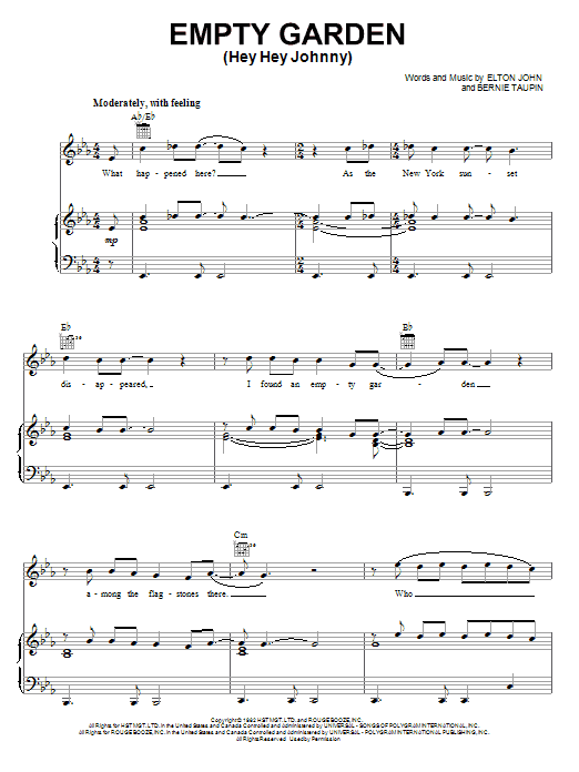 Download Elton John Empty Garden (Hey Hey Johnny) Sheet Music and learn how to play Lyrics & Chords PDF digital score in minutes