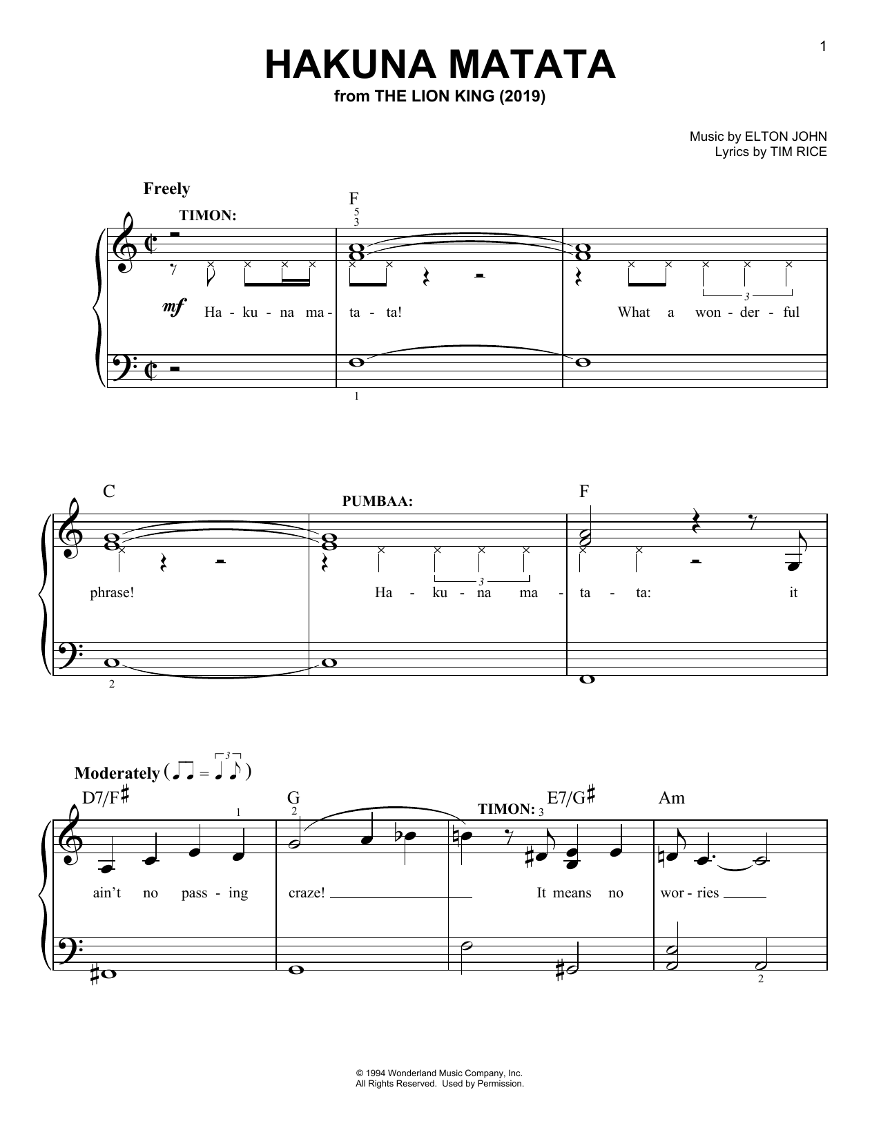 Download Elton John Hakuna Matata (from The Lion King 2019) Sheet Music and learn how to play Easy Piano PDF digital score in minutes