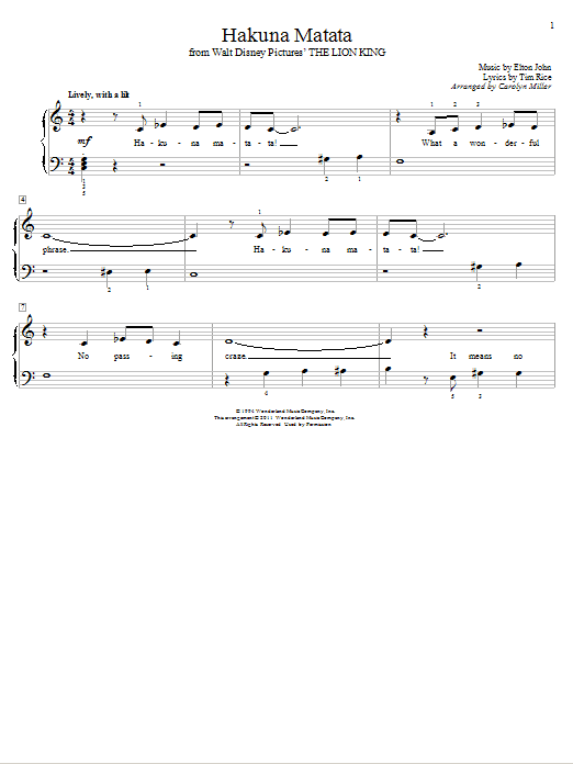Download Elton John Hakuna Matata Sheet Music and learn how to play Easy Piano PDF digital score in minutes