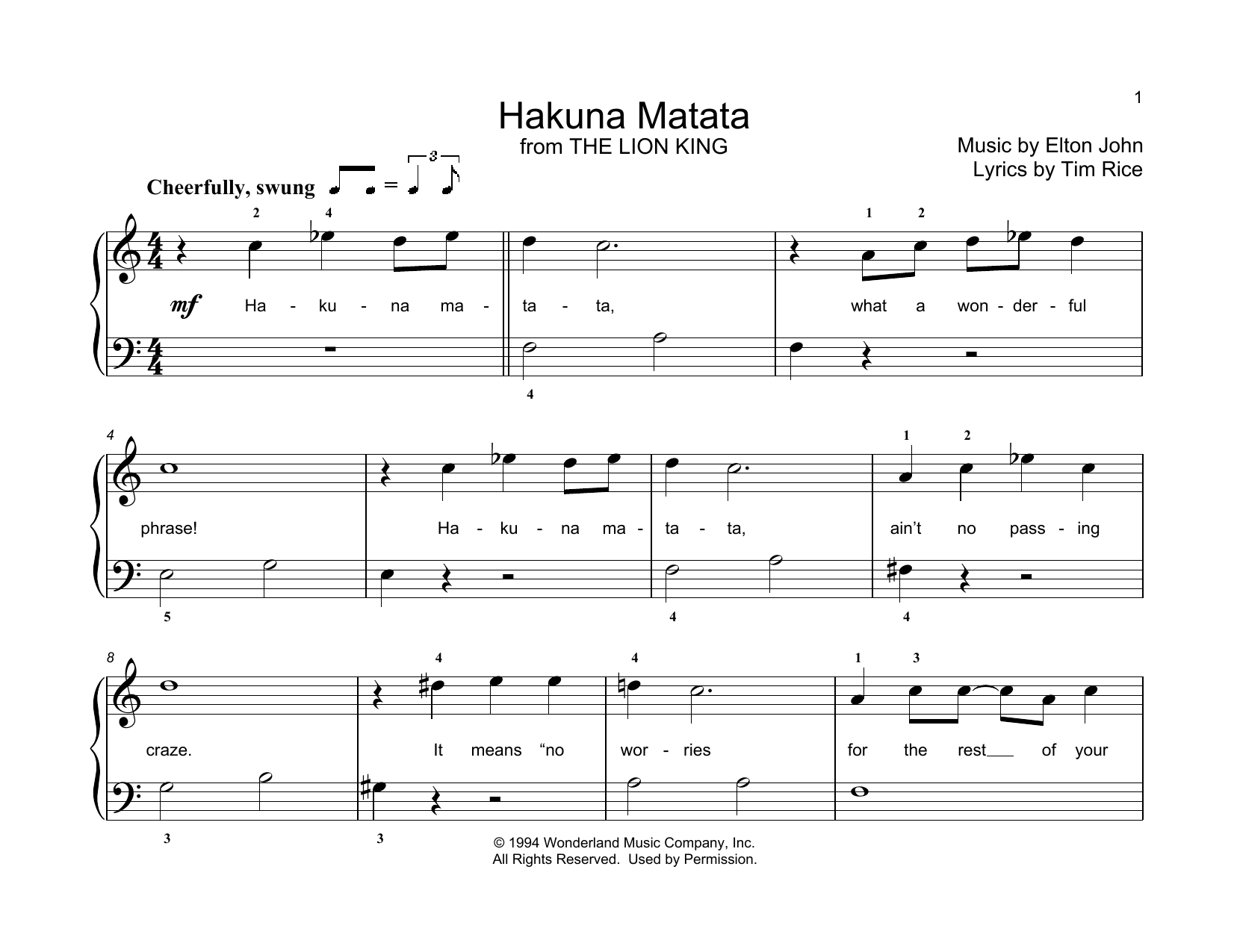 Download Elton John Hakuna Matata (from The Lion King) (arr. Christopher Hussey) Sheet Music and learn how to play Educational Piano PDF digital score in minutes