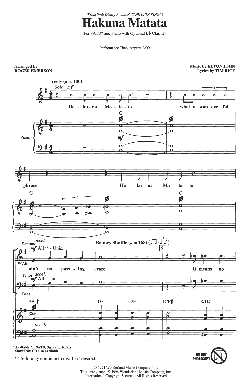 Download Elton John Hakuna Matata (from Disney's The Lion King) (arr. Roger Emerson) Sheet Music and learn how to play 2-Part Choir PDF digital score in minutes
