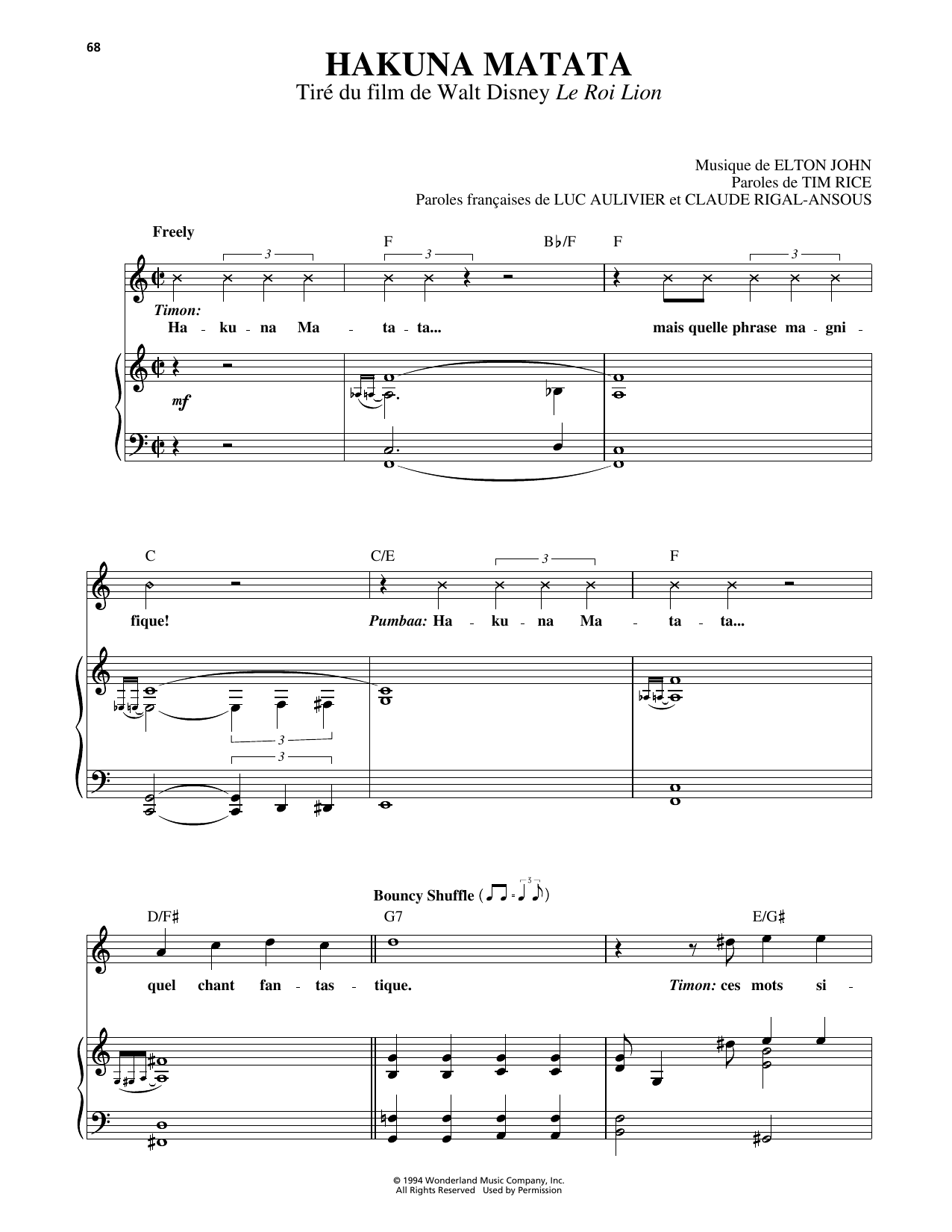 Download Elton John Hakuna Matata (from The Lion King) [French version] Sheet Music and learn how to play Piano, Vocal & Guitar Chords (Right-Hand Melody) PDF digital score in minutes