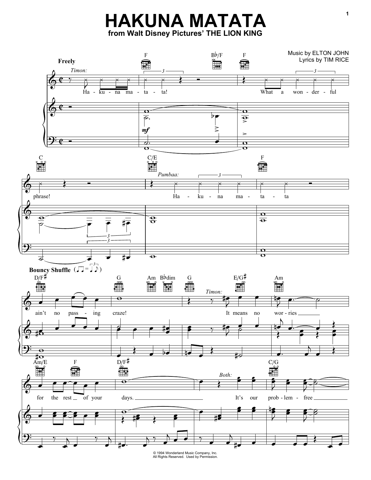 Download Elton John Hakuna Matata Sheet Music and learn how to play Piano, Vocal & Guitar (Right-Hand Melody) PDF digital score in minutes